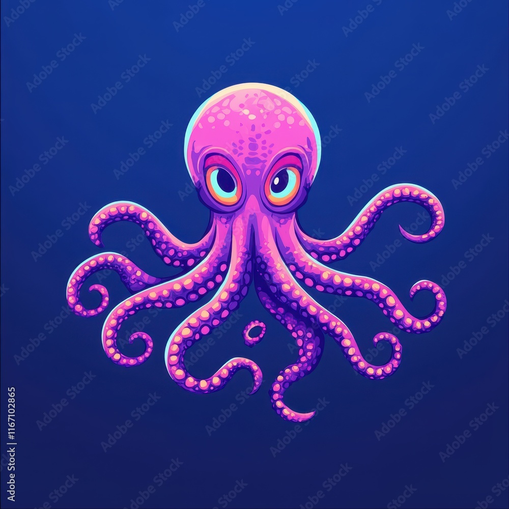 Vibrant and Playful Cartoon Octopus Character with Big Eyes and Colorful Tentacles Set Against a Deep Blue Background, Ideal for Kids' Artwork and Ocean-Themed Designs Vibrant and Playful Cartoon Octopus Character with Big Eyes and Colorful Tentacles Set Against a Deep Blue Background, Ideal for Kids' Artwork and Ocean-Themed Designs