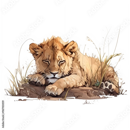 Illustration of a lion cub sleeping on savannah, lion cub image isolated on a white background, lion cub design art, lion cub clip art image, lion cub Illustration, lion cub cartoon image photo