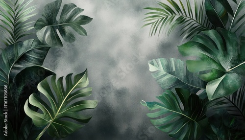 Watercolor Tropical Foliage Illustration Soft Lighting Gray Background Dynamic Composition