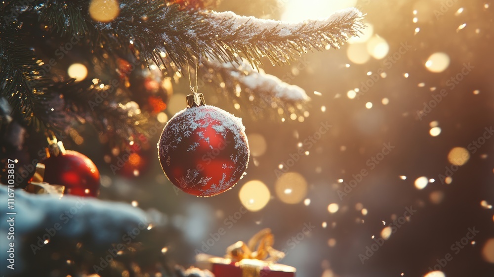 Snowy christmas tree with red and gold ornaments and gift boxes Snowy christmas tree with red and gold ornaments and gift boxes