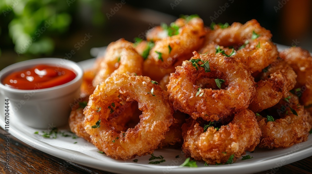 Fried onions served with dipping sauce or ketchup placed in a white plate Suitable for using images for advertisements or cookbooks. Fried onions served with dipping sauce or ketchup placed in a white plate Suitable for using images for advertisements or cookbooks.