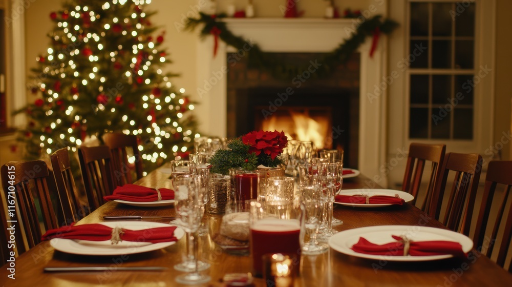 Festive christmas table decor with tree and fireplace background Festive christmas table decor with tree and fireplace background