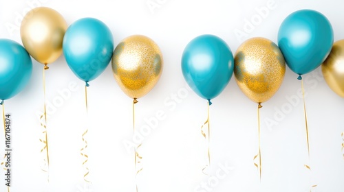 Sky blue and gold balloons on white background