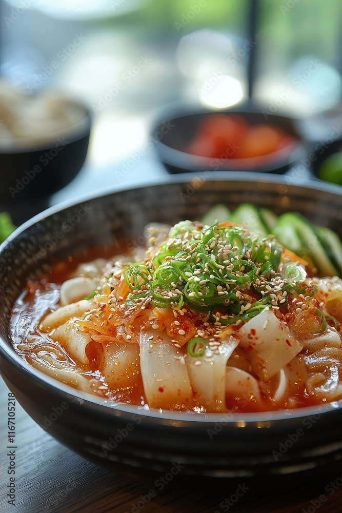 Fresh, Delicious Bowl of Spicy Noodles with Toppings, Showing Chopped Vegetables and Sprinkled Sesame Seeds, Perfect for Food Photography or Culinary Inspiration Fresh, Delicious Bowl of Spicy Noodles with Toppings, Showing Chopped Vegetables and Sprinkled Sesame Seeds, Perfect for Food Photography or Culinary Inspiration