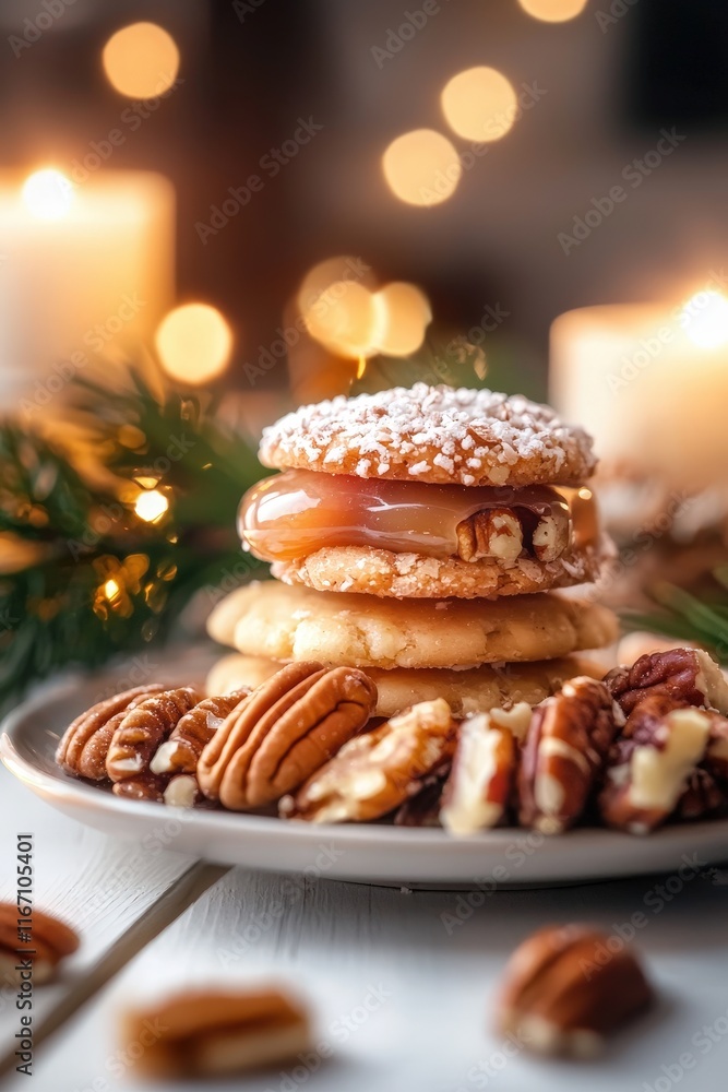 Delicious Homemade Cookies Stacked with Caramel and Pecans Surrounded by Soft Candlelight and Festive Holiday Decor for a Cozy Celebration Delicious Homemade Cookies Stacked with Caramel and Pecans Surrounded by Soft Candlelight and Festive Holiday Decor for a Cozy Celebration