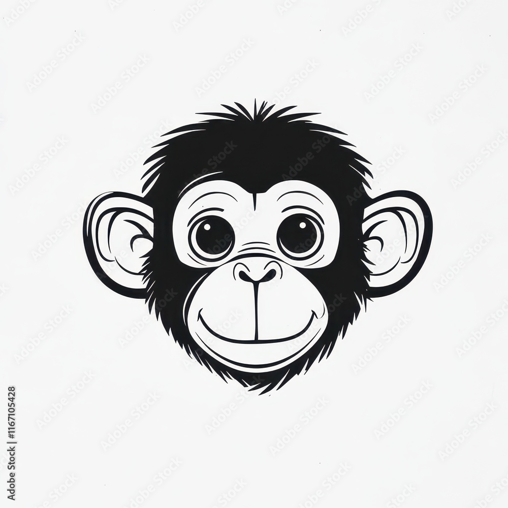 Fototapeta premium Cute cartoon monkey face illustration with big eyes and a cheerful expression isolated on a white background, perfect for playful and fun designs in various projects