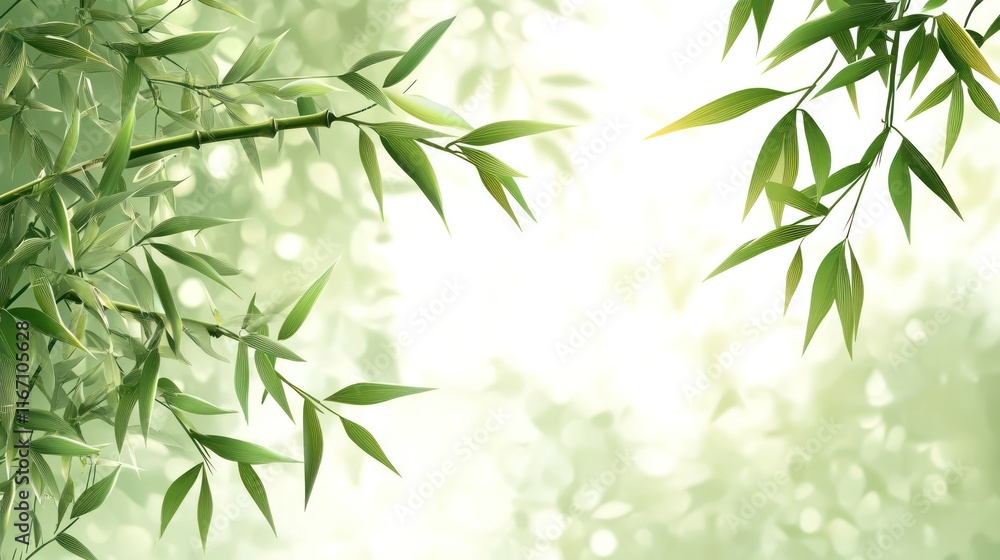 Fototapeta premium Lush green bamboo leaves and branches against a bright, blurred background.