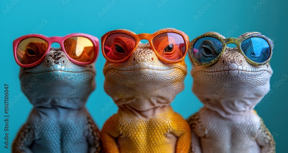 Vibrant lizards in colorful sunglasses pop art style on bright turquoise background Vibrant lizards in colorful sunglasses pop art style on bright turquoise background