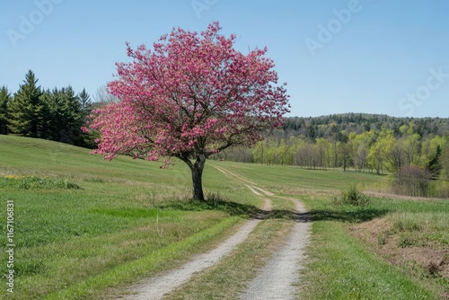 A photograph of an apple tree in full bloom, standing alone on the edge of a green, grassy field with a dirt road leading to it. The blue sky above, with trees and a forest in the background, captured