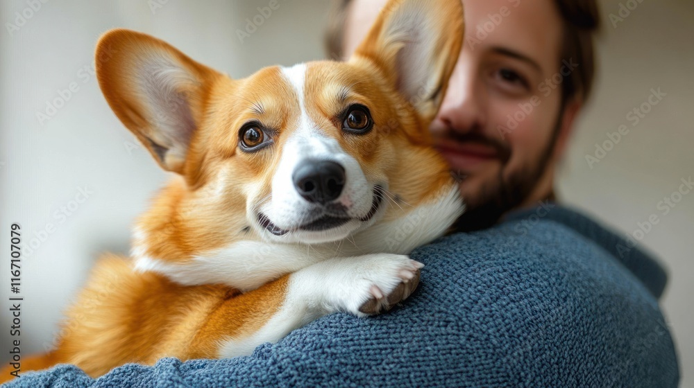Vet in Blue Uniform Holding Corgi Smiling Embracing Happy Dog After Treatment Cozy Scene Vet in Blue Uniform Holding Corgi Smiling Embracing Happy Dog After Treatment Cozy Scene