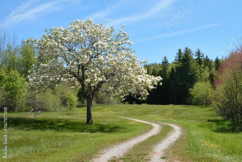 A photograph of an apple tree in full bloom, standing alone on the edge of a green, grassy field with a dirt road leading to it. The blue sky above, with trees and a forest in the background, captured