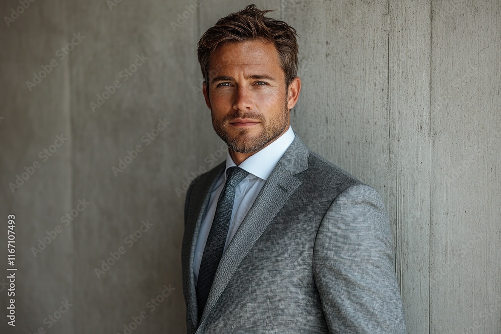 Confident Young Businessman in Tailored Gray Suit with Hands Crossed Looking at Camera against White Background Confident Young Businessman in Tailored Gray Suit with Hands Crossed Looking at Camera against White Background