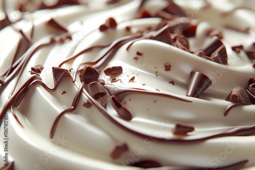 Close up of glossy chocolate cream swirl topped with shavings, warm lighting enhances allure photo