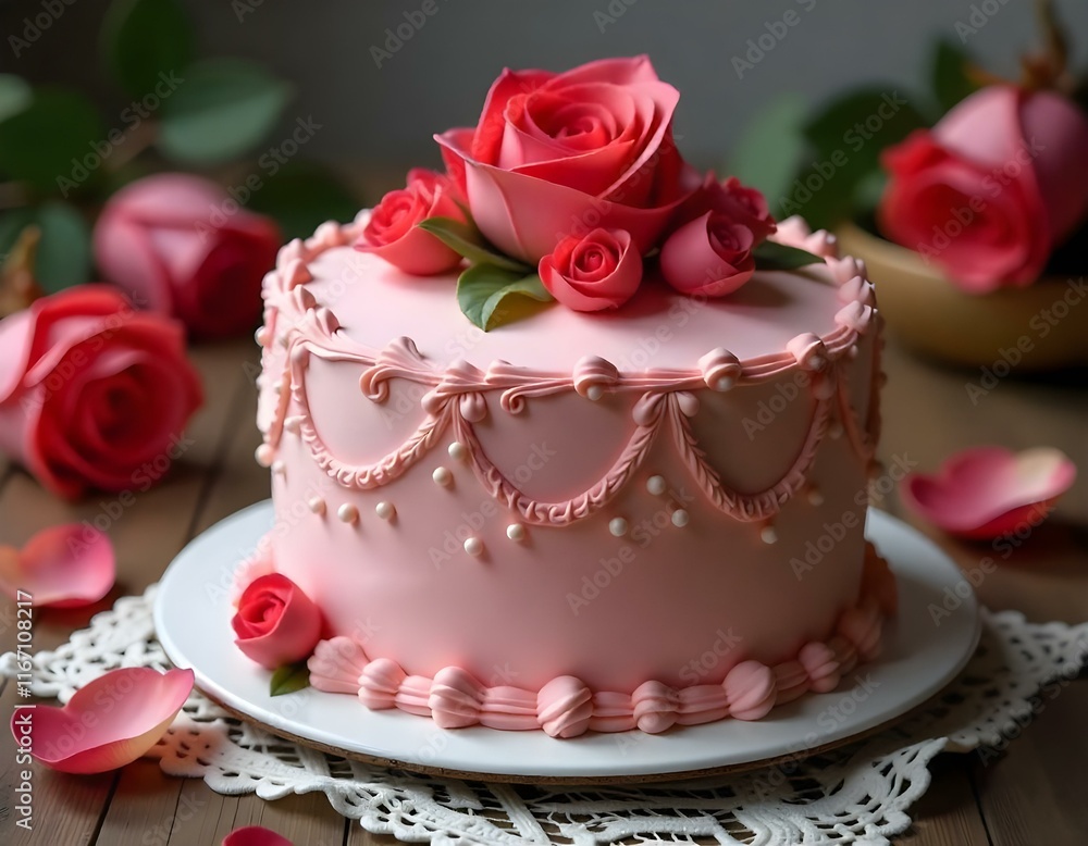A pink frosted cake decorated with a large red rose on top, surrounded by smaller pink roses A pink frosted cake decorated with a large red rose on top, surrounded by smaller pink roses
