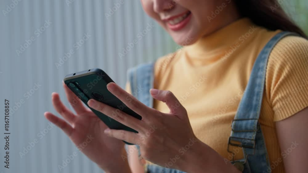 Close up a young Asian woman typing message on her smartphone. Successful Asian women entrepreneurs using mobile, grow businesses with mobile, social media on internet, Accounting financial concept. Close up a young Asian woman typing message on her smartphone. Successful Asian women entrepreneurs using mobile, grow businesses with mobile, social media on internet, Accounting financial concept.