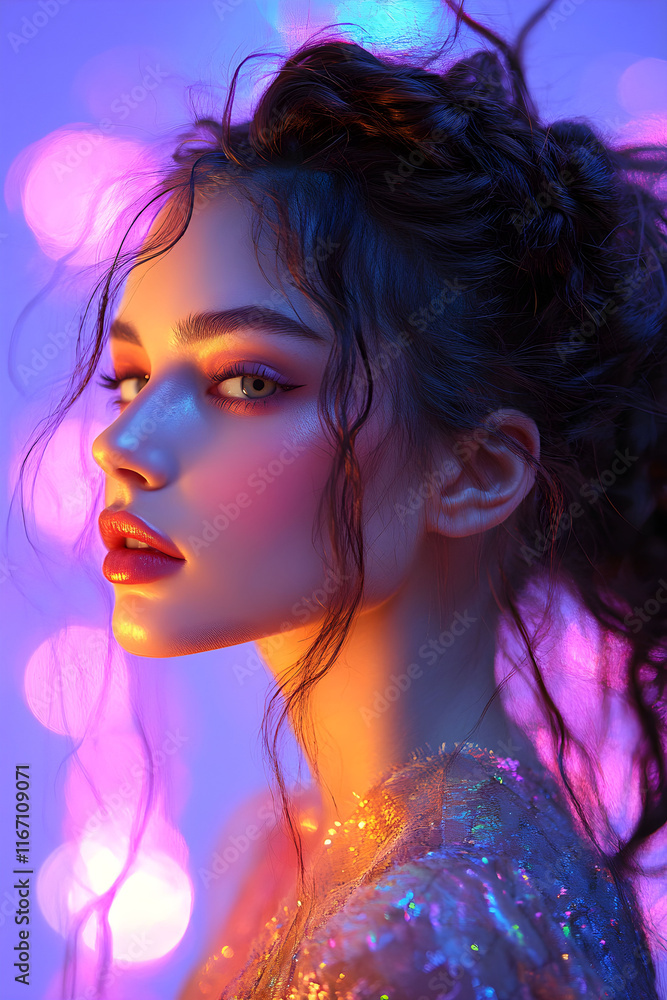 Portrait of a young woman with curly hair, vibrant lighting, and striking makeup in a dreamy atmosphere at an evening event Portrait of a young woman with curly hair, vibrant lighting, and striking makeup in a dreamy atmosphere at an evening event