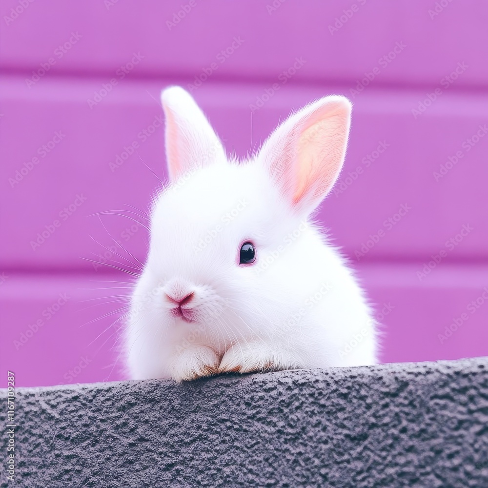 Cute and Adorable White Rabbit Sitting on a Gray Surface with a Soft Pink Background Highlighting Its Fluffy Fur and Innocent Expression Cute and Adorable White Rabbit Sitting on a Gray Surface with a Soft Pink Background Highlighting Its Fluffy Fur and Innocent Expression