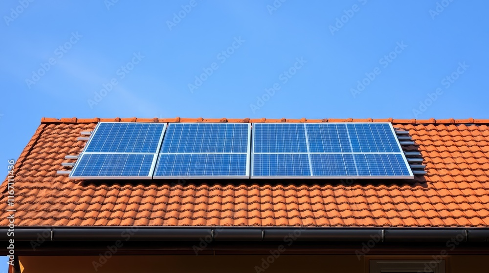 solar panel on pitched roof only, clear blue sky solar panel on pitched roof only, clear blue sky