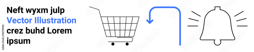 Shopping cart, blue arrow, notification bell suggesting action or change. Ideal for e-commerce, updates, alerts, notifications, user actions, online shopping, digital marketing. Banner for landing Shopping cart, blue arrow, notification bell suggesting action or change. Ideal for e-commerce, updates, alerts, notifications, user actions, online shopping, digital marketing. Banner for landing