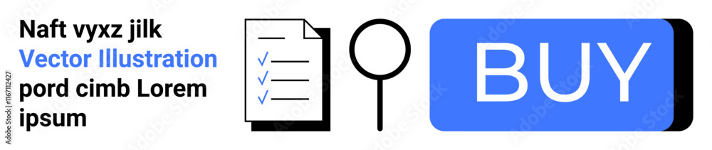 File with checklist lines, magnifying glass, and blue BUY button highlight themes of purchasing, verification, and document management. Key themes Ideal for e-commerce, online shopping, purchasing File with checklist lines, magnifying glass, and blue BUY button highlight themes of purchasing, verification, and document management. Key themes Ideal for e-commerce, online shopping, purchasing