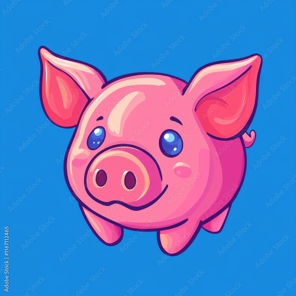 Cute Cartoon Pig Character with Big Eyes and Cheerful Expression on Bright Blue Background Perfect for Children's Books and Educational Materials Cute Cartoon Pig Character with Big Eyes and Cheerful Expression on Bright Blue Background Perfect for Children's Books and Educational Materials
