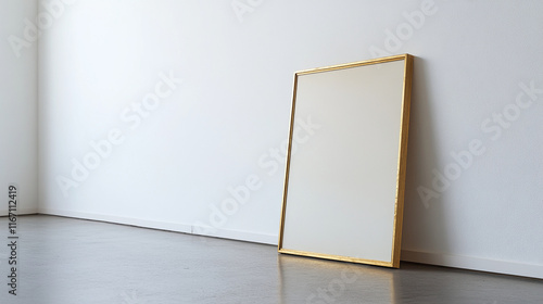 A macro shot of a single gold-framed photo leaned against a pristine white wall.