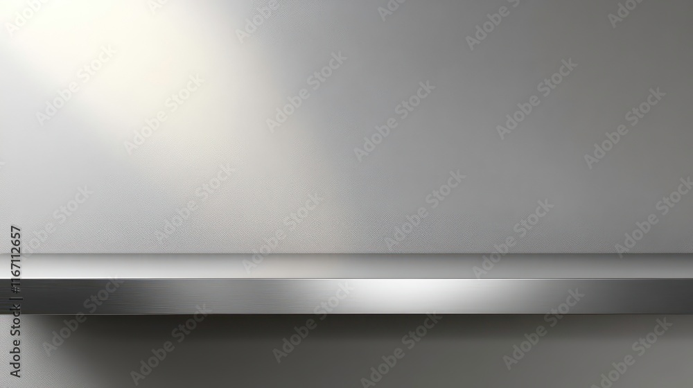 Silver steel countertop, empty shelf, realistic mockup of table top, kitchen counter on gray background with spot light, Bar desk surface in foreground Silver steel countertop, empty shelf, realistic mockup of table top, kitchen counter on gray background with spot light, Bar desk surface in foreground