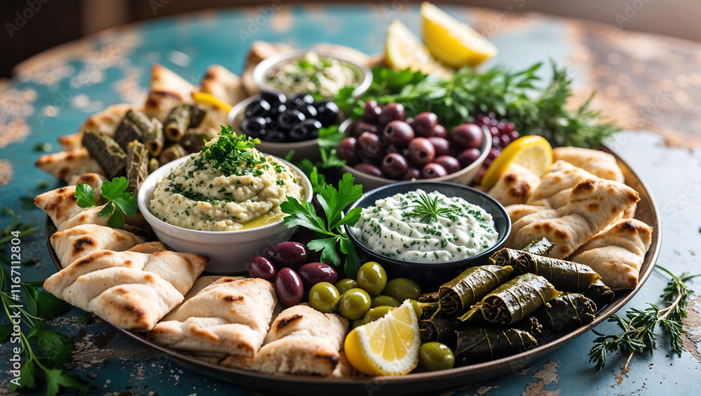 Mezze platter with baba ganoush, tzatziki, and pita Mezze platter with baba ganoush, tzatziki, and pita