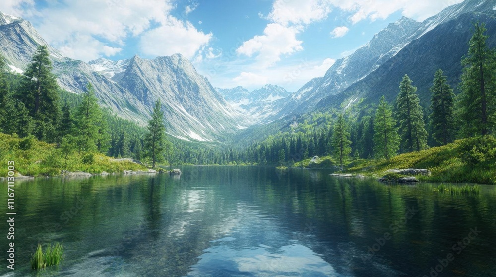 Serene Mountain Landscape with Reflective Lake and Lush Greenery Serene Mountain Landscape with Reflective Lake and Lush Greenery