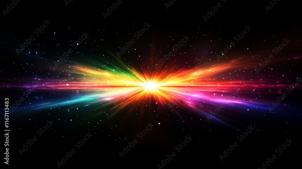 Obraz premium Vibrant light beams emanating from a wormhole in dark space, surrounded by twinkling stars
