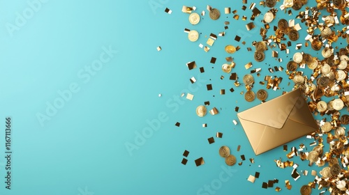 A golden envelope surrounded by sparkling confetti on a turquoise background, symbolizing celebration and special moments.