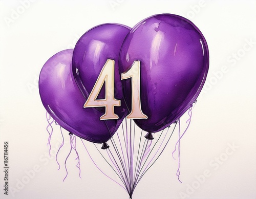 Purple birthday / anniversary balloon, number 41, watercolor painting with white background photo