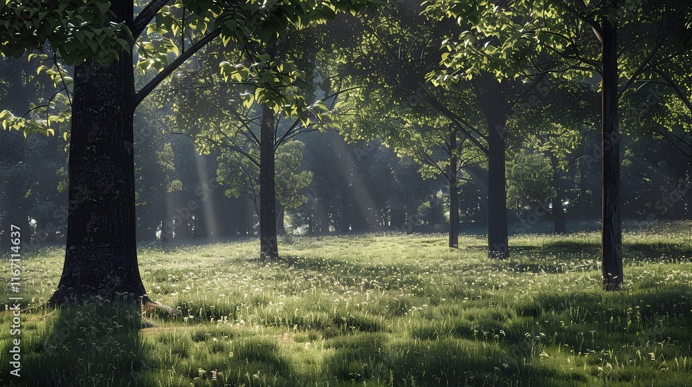 Naklejka premium Serene Forest Scene with Sunlight Filtering Through Lush Green Trees and Gentle Grass Illuminated by Soft Light in a Peaceful Natural Setting