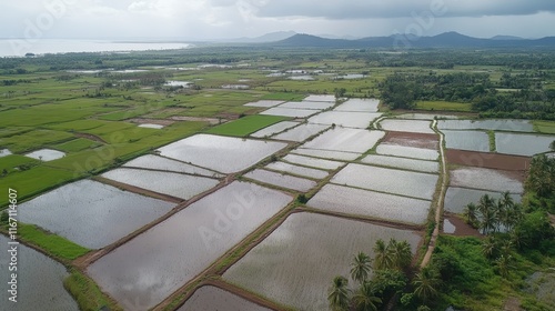 Aerial View of Irrigation Systems on Cloudy Day photo