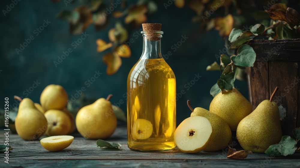 Golden liquid reflects warmth in a rustic setting filled with ripe pears and natural beauty Golden liquid reflects warmth in a rustic setting filled with ripe pears and natural beauty
