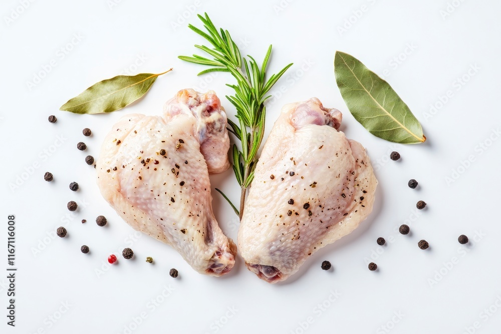 Close up fresh chicken wings with sprig of rosemary, thyme, bay leaf, black peppercorns for barbecue grilling your dishes on white background isolate. Healthy food. Vitamins protein. Top view Close up fresh chicken wings with sprig of rosemary, thyme, bay leaf, black peppercorns for barbecue grilling your dishes on white background isolate. Healthy food. Vitamins protein. Top view
