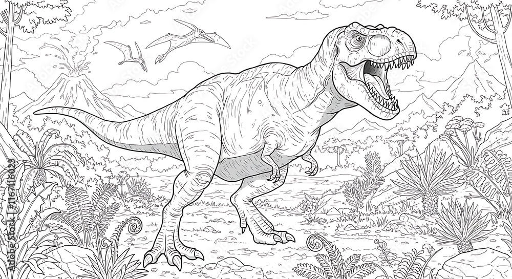 Obraz premium Ancient dinosaur coloring page. Tyrannosaurus Rex in a prehistoric jungle.
