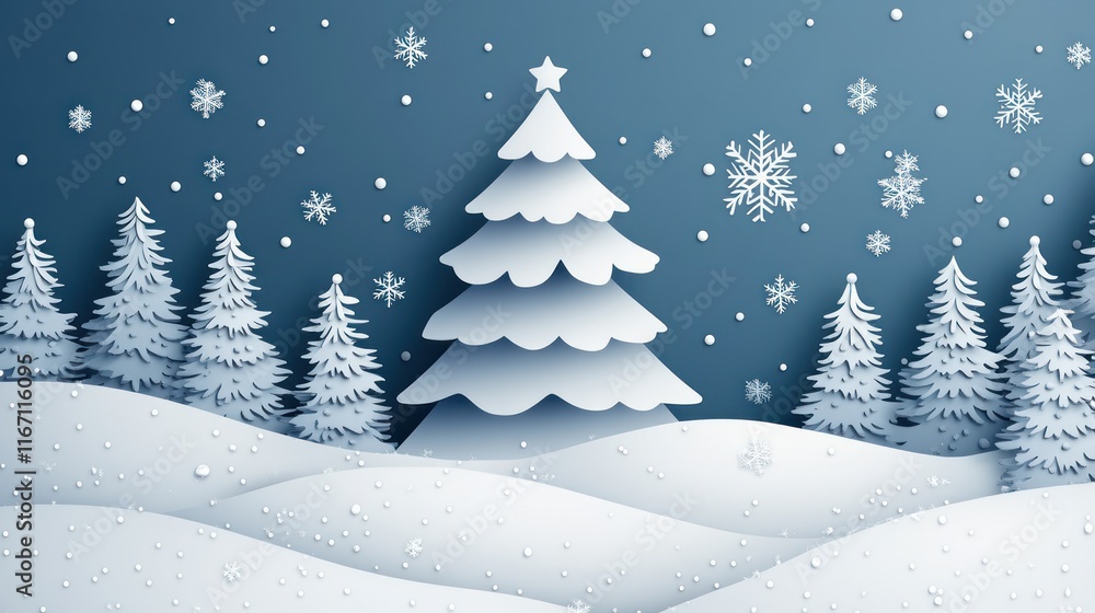 Paper art Christmas tree in snowy landscape. Paper art Christmas tree in snowy landscape.