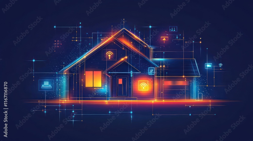 Smart home technology, futuristic house with digital interface. Smart home technology, futuristic house with digital interface.