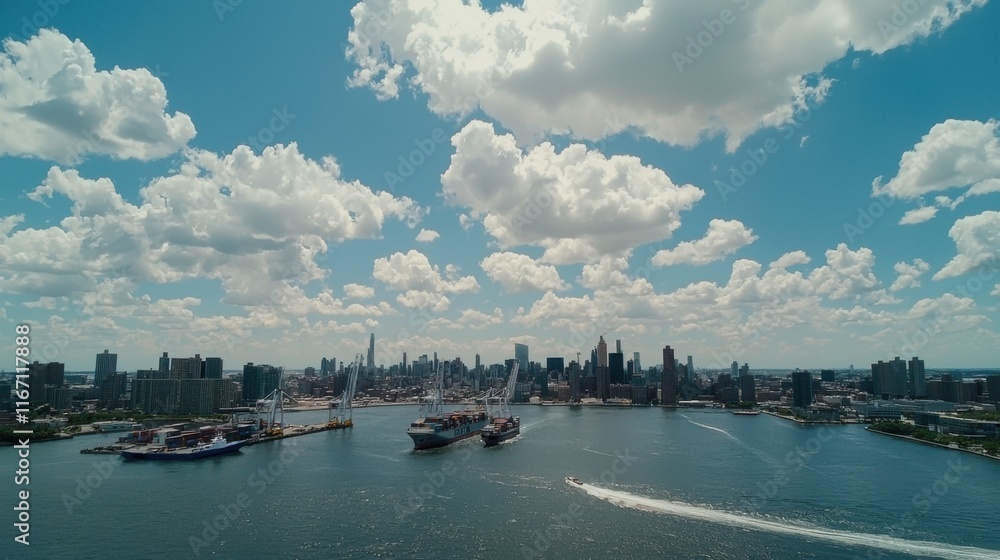 Naklejka premium A stunning aerial view of a vibrant city skyline with boats on the shimmering water, under a bright blue sky filled with clouds.