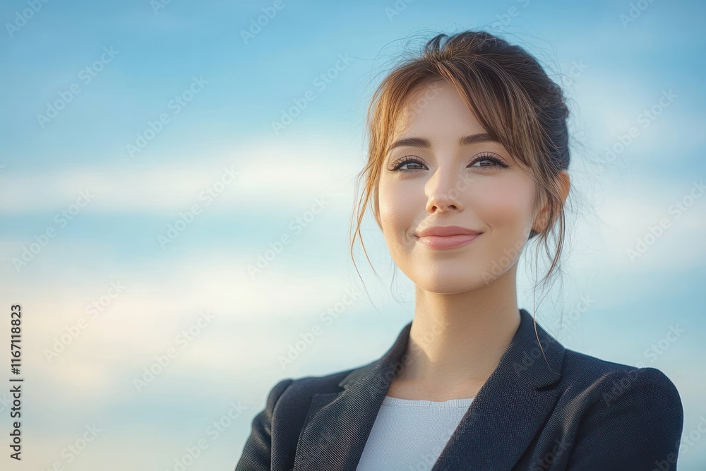 Confident Businesswoman Smiling in Suit Against Blue Sky Background Fresh Job Recruitment Image Confident Businesswoman Smiling in Suit Against Blue Sky Background Fresh Job Recruitment Image