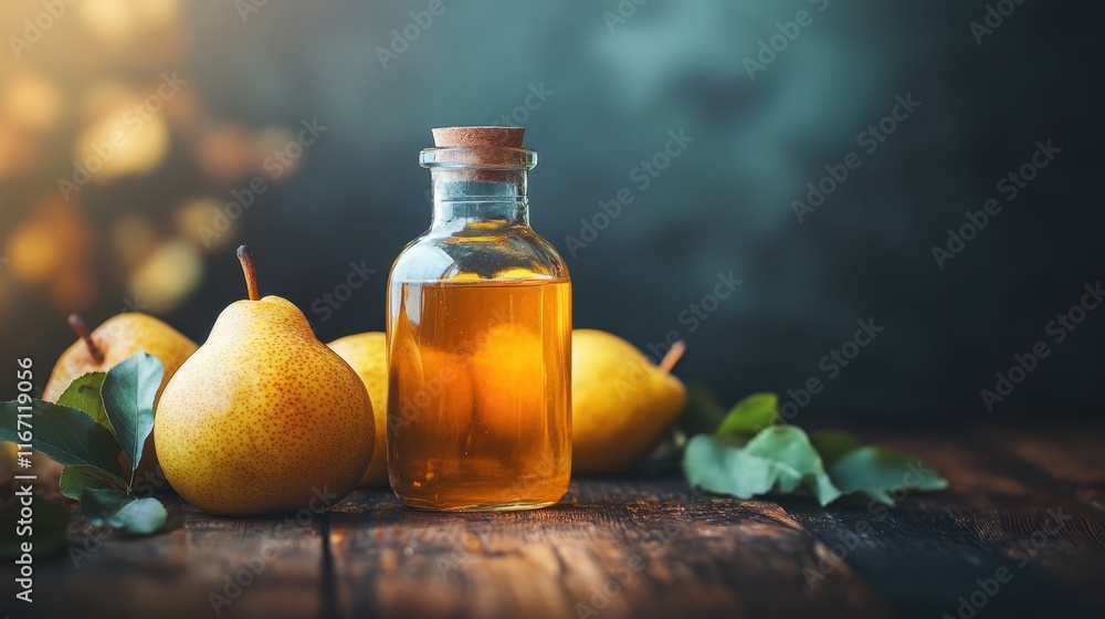 Fresh pears and golden oil create a warm autumn atmosphere in rustic kitchen setting Fresh pears and golden oil create a warm autumn atmosphere in rustic kitchen setting