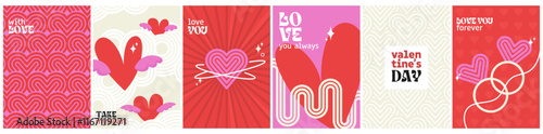 valentine's day poster set. minimal, retro design wavy line, love cover