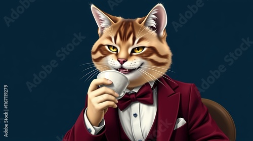 Sophisticated Cat Connoisseur: A charming anthropomorphic cat, impeccably dressed in a burgundy tuxedo and bow tie, enjoys a moment of refined leisure with a cup of tea. photo