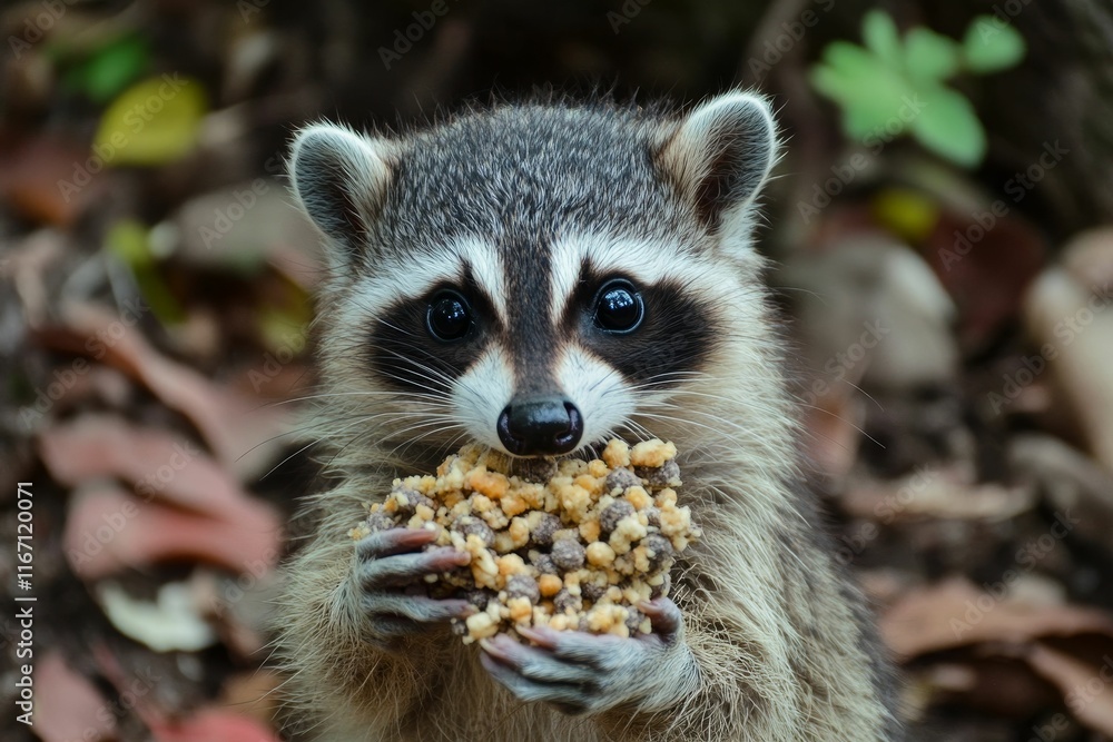 Young raccoon eats crunchy food outdoors. Young raccoon eats crunchy food outdoors.