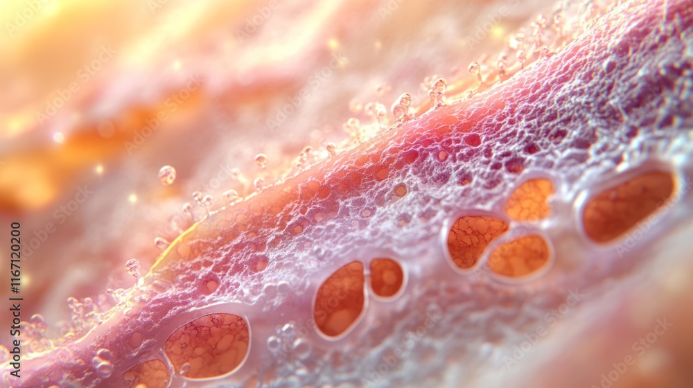 Fototapeta premium Microscopic view of a porous, textured surface with bubbles and warm color tones.
