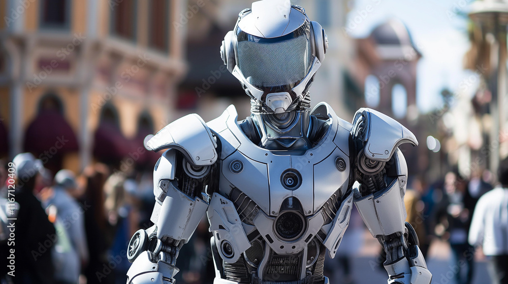 Futuristic robot in silver armor at Mardi Gras celebration Futuristic robot in silver armor at Mardi Gras celebration
