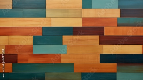 Contemporary wooden panel with sleek finish, space on the left, golden hour lighting, soft teal background,generative ai illustration