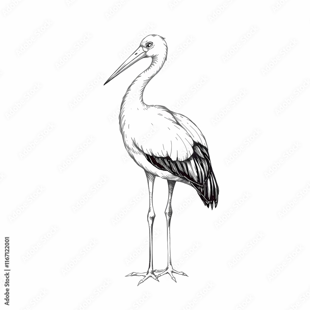 Obraz premium Elegant Stork Illustration: A detailed ink drawing of a graceful stork, standing tall and proud. Perfect for nature lovers, ornithology enthusiasts, and anyone seeking an elegant design. 