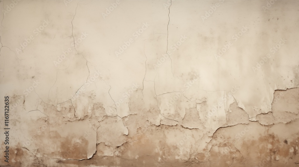 Obraz premium Cracked concrete wall with a weathered look, space on the right, backlighting, soft beige background,generative ai illustration